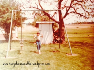 My sister on our beloved swing set.  (Notice the outhouse directly behind her!).  Photo by Stacey Heller with her very first 110 camera.  Circa 1979?